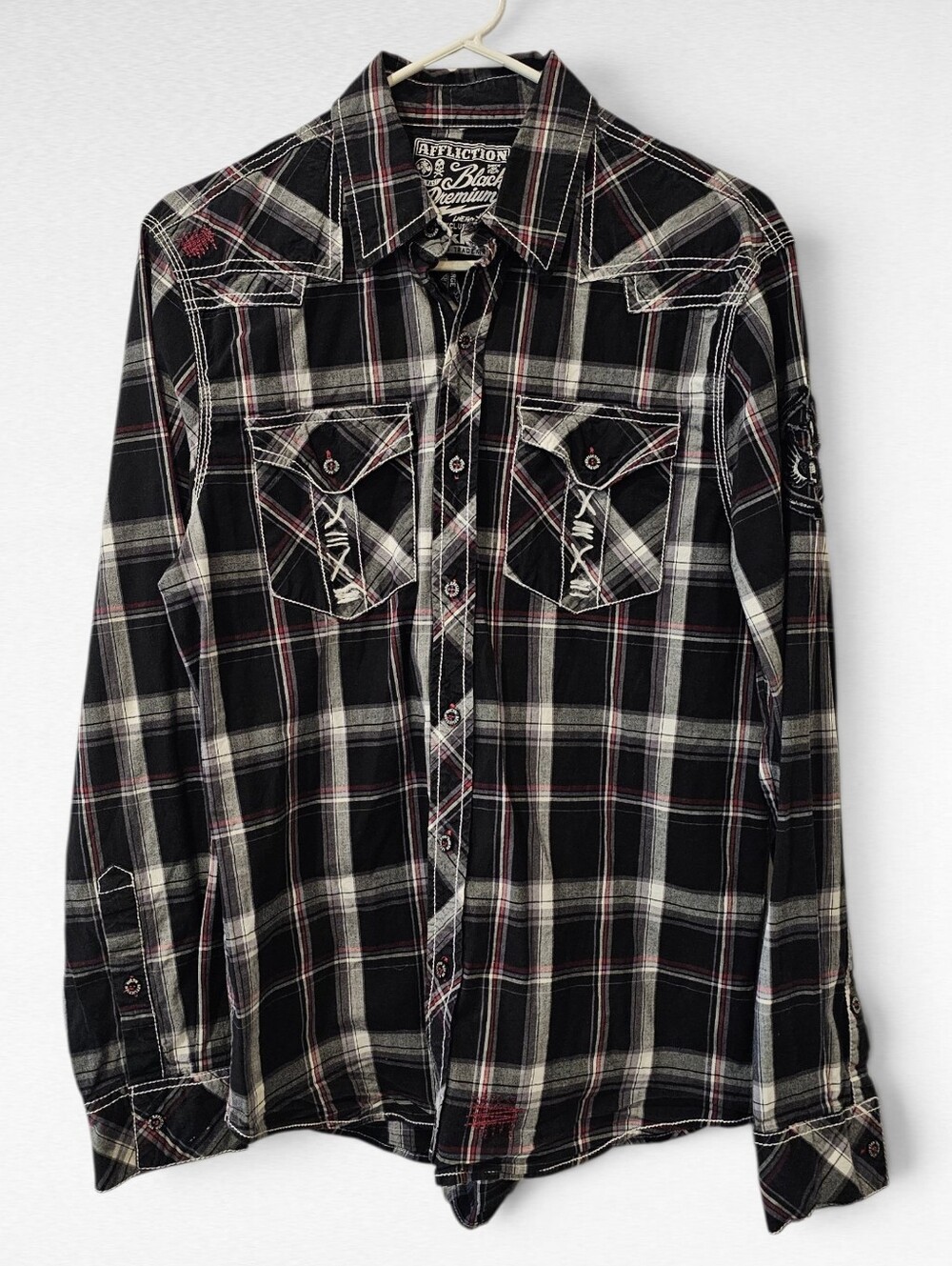 Affliction Black Premium Plaid Black Red White Button Up Shirt Size Large